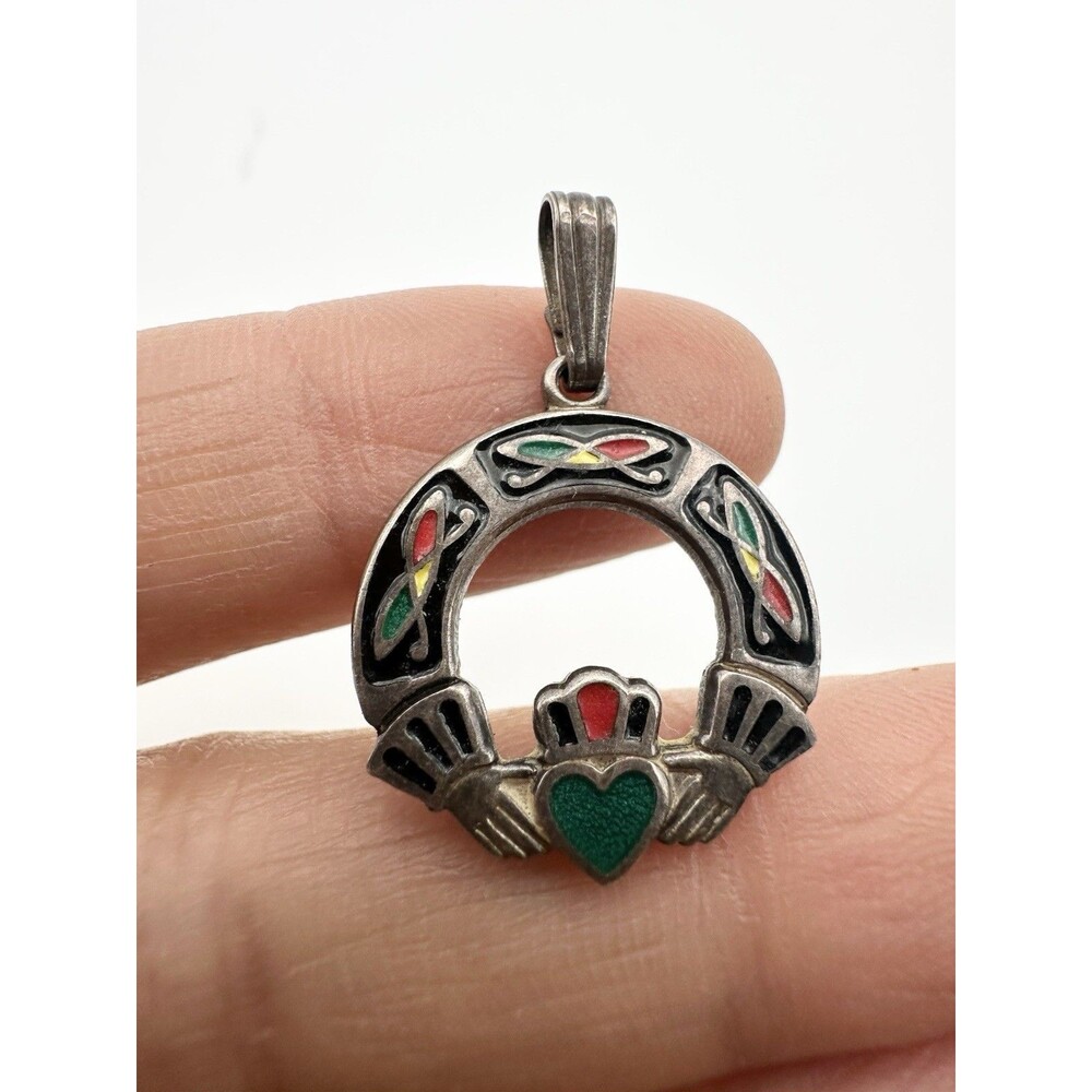 Vintage Sterling Silver Enamel Claddagh Pendant Green Red